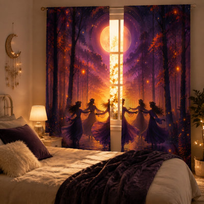 2Pcs Mystical Forest Moonlit Dance Curtains, Enchanted Woodland Fairy Circle Scene Light Filtering Rod Pocket Window Drapes for Living Room Bedroom Kitchen Outdoor Decor, Wall, Home