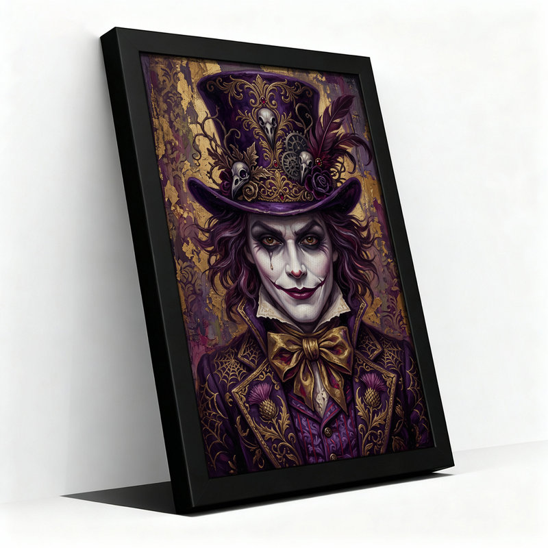 «Theatrical Man in Purple Top Hat with Skulls and Halloween», art mural sur toile, 18"H x 12"W