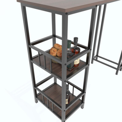 3 Piece Counter Height Bar Table Set with 2 Backrest Bar Stools, Rectangular Pub High Table with 2-Tier Side Storage Shelves, Industrial Wood Grain Ba