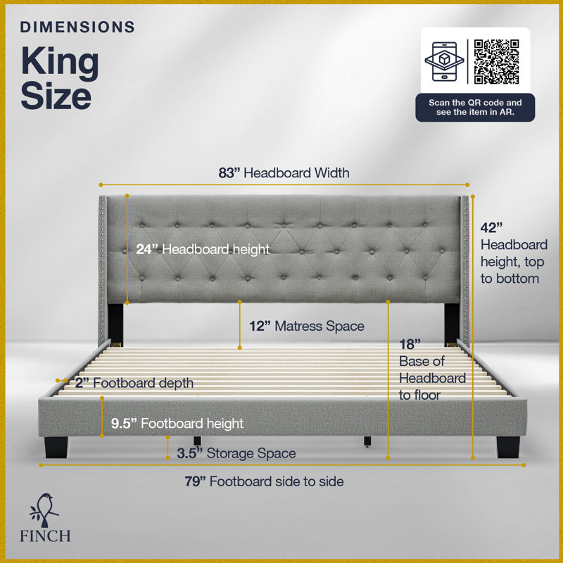 Luxurious Grey Linen King Upholstered Bed with Tufted Wingback Headboard