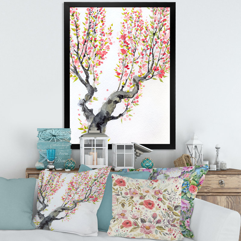 Printemps, fleurs rouges sur des branches d'arbre - Peinture sur toile encadrée, H 40 po x l 30 po x 1,5 po, Cadre noir