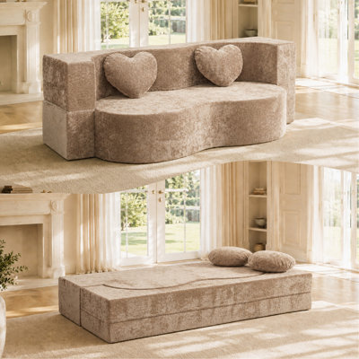 Heart-Shaped Cheese Bed Convertible Sofa, 78.7 Inch No Assembly Sponge Sofa Bed in a Box with Pillows for Living Room, Apartment and Guest Room-Warm Taupe
