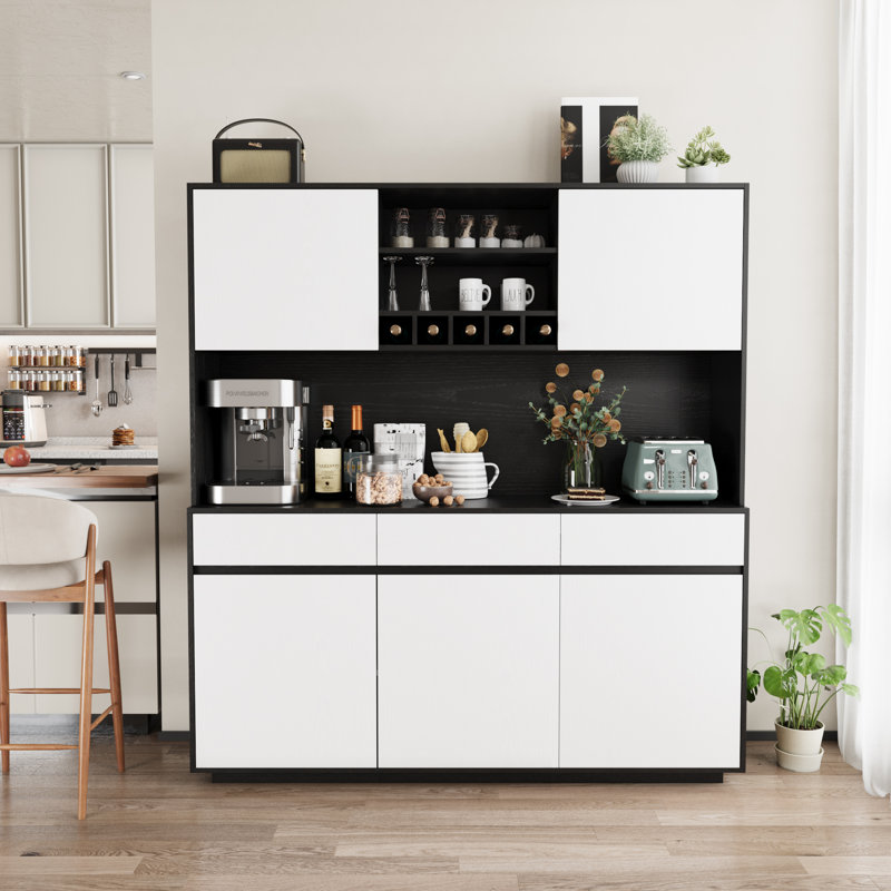 63'' W Kitchen Pantry, Storage Cabinet With Organizer, Black/White