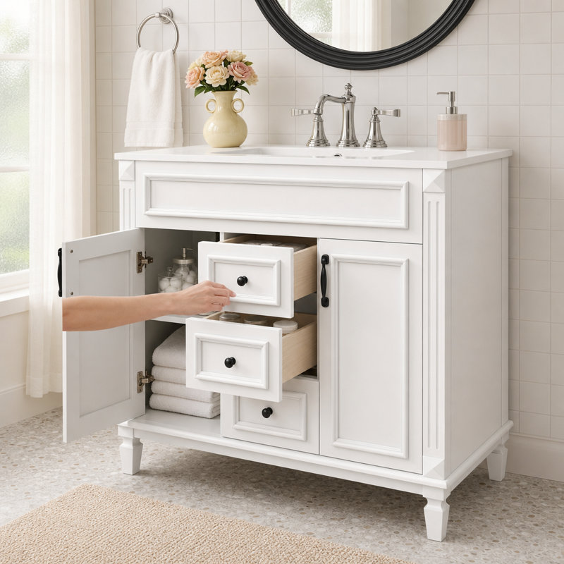 Meuble-lavabo autoportant blanc avec quincaillerie noire et lavabo intégré
