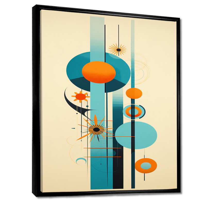 «Geometric Balance Blue Circular - Midcentury», art mural, H 20 po x l 12 po x P 1 po, Toile avec cadre flottant noir