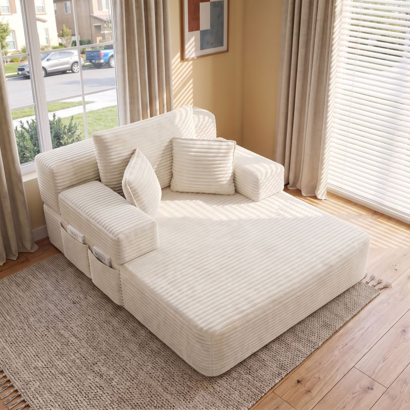 Canapé-lit convertible avec poche de rangement et coussins, 54 po de largeur, Beige
