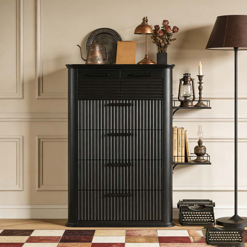 45" Tall Dresser with Curved Profile Design, Wood Fluted Chest of Drawer, Modern Drawer Storage, Black Woodgrain