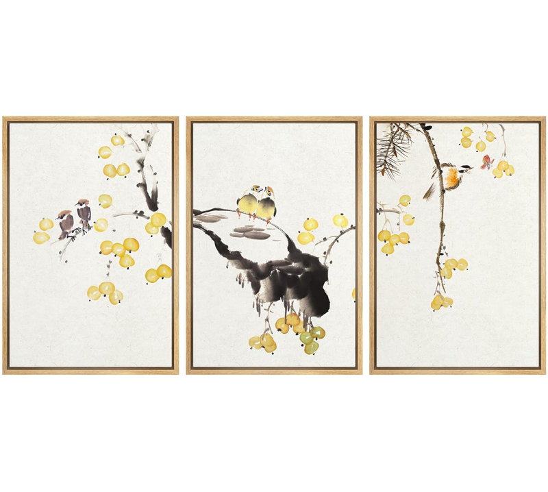 Peinture murale à l'encre de Chine style oiseaux sur une branche d'arbre avec petits fruits jaunes, décoration murale moderne