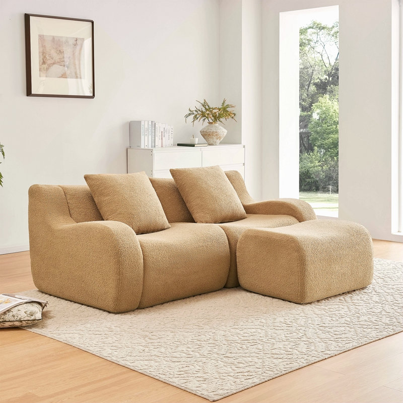 Canapé en forme de L 2 pièces en tissu Teddy, Chameau
