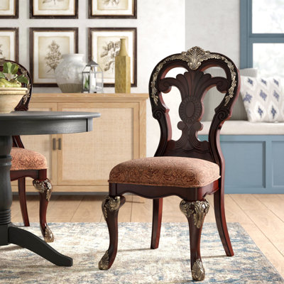 2 Side Chair Collection, Cherry Finish With Gold Detailing, Upholstered Fabric Dining Alluring Chairs 2pc, Accents, Fabric, Room