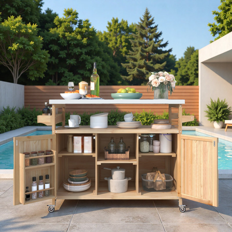 Îlot de cuisine extérieur avec armoire de rangement, plateau en acier inoxydable, support à épices et porte-serviettes