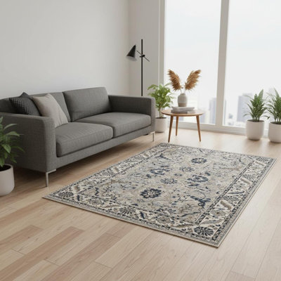 Tapis gris et noir à motif de médaillon 5 pi x 8 pi beige