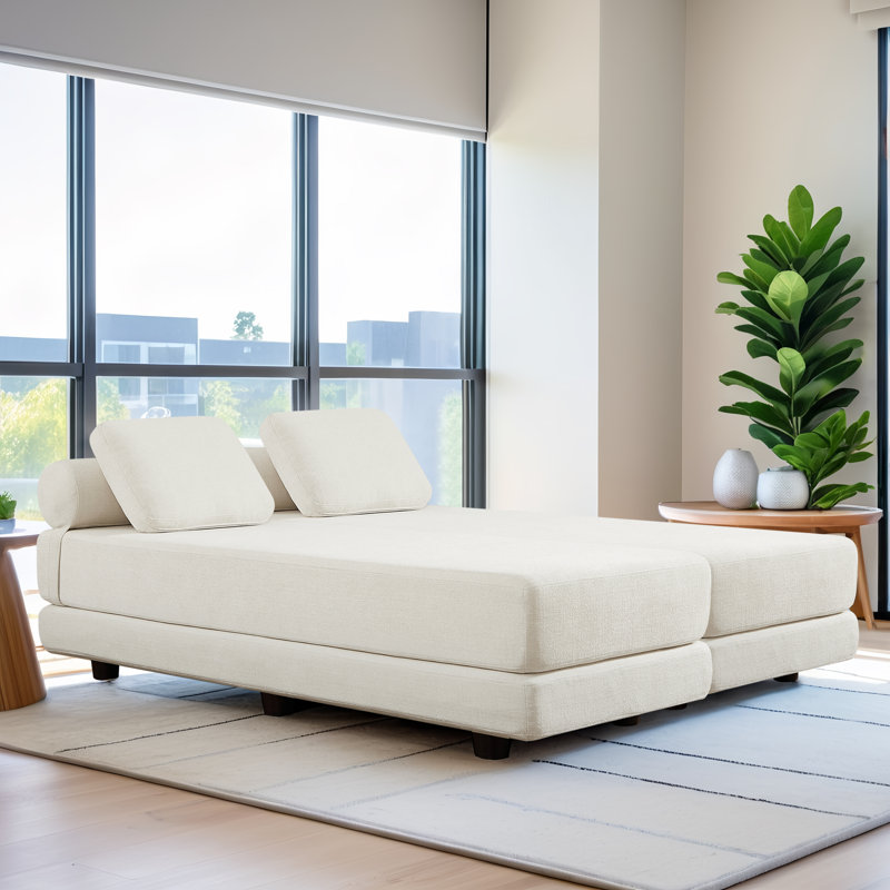 30"W Convertible Daybed - Fold Out Sleeper With Queen Size Mattress, Beige, 60" W