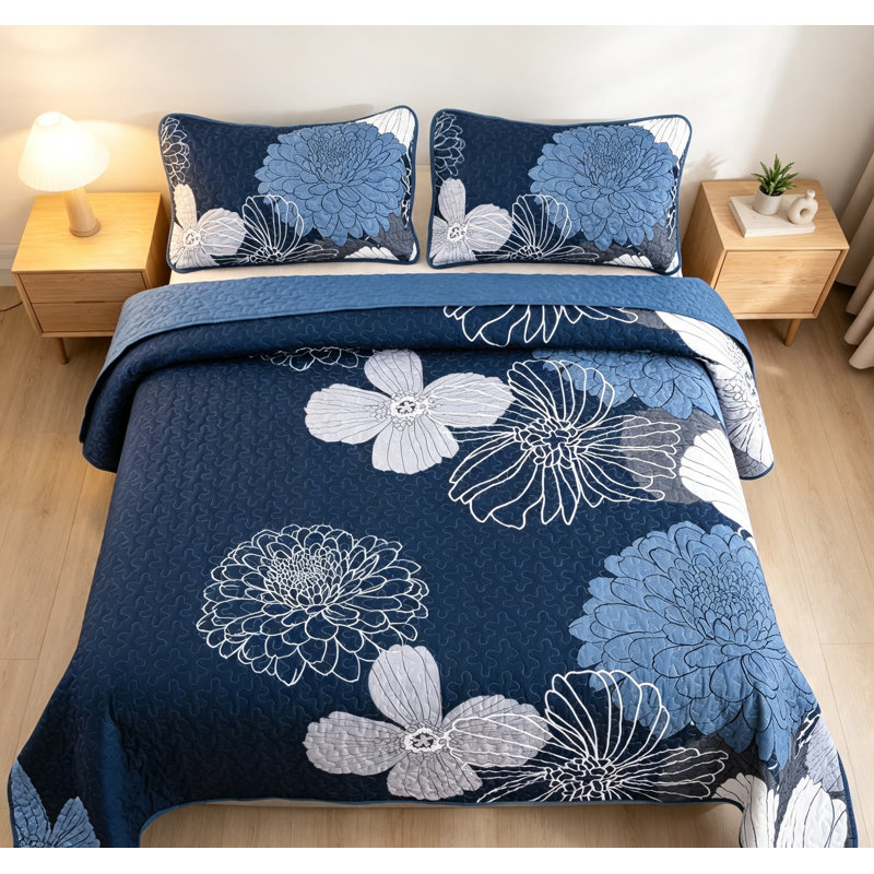 Flower Quilt Set Queen 3 Piece Boho Navy Blue