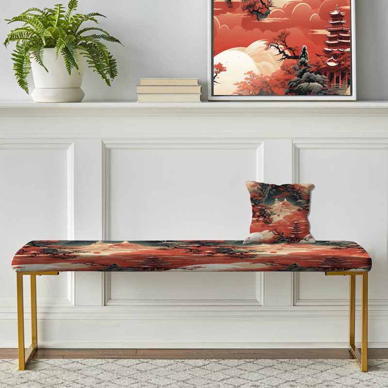 Light Red Torii Gate Japanese Pattern - Japanese Upholstered Gold Bench