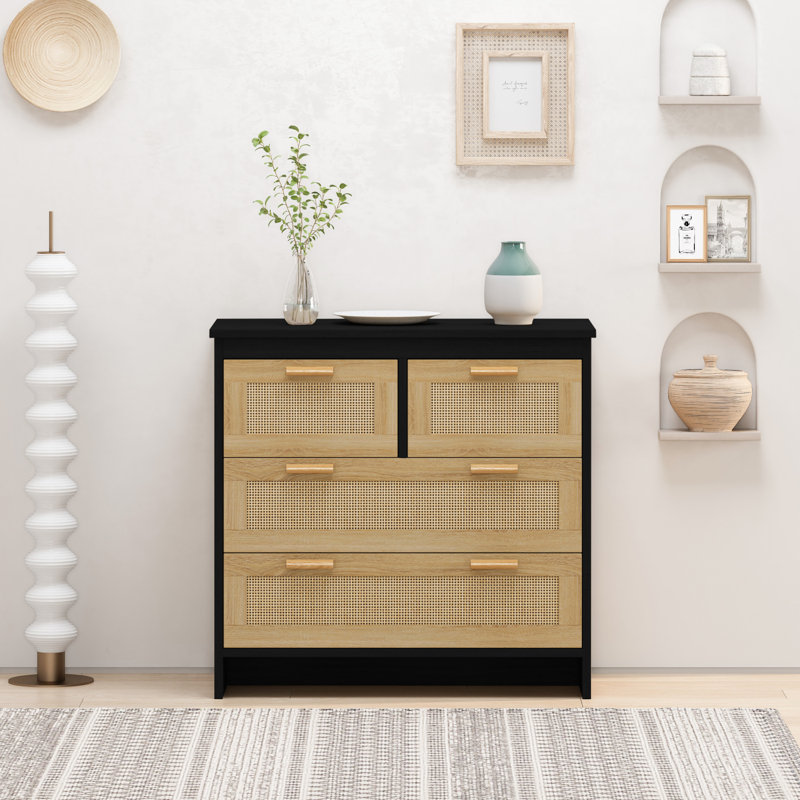 Elegant Rattan Cabinet with 4 Deep Drawers and Smooth Tabletop for Storage and Decor, Black