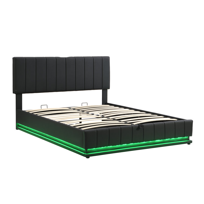 Lit tapissier avec système de rangement hydraulique et lumière DEL, lit plateforme moderne avec prises et ports USB, Noir
