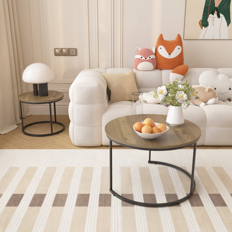 Table,Nesting Coffee Table Set Of 2, 27.6Inch Round Coffee Table Industrial Wood Finish With Sturdy Metal Frame,  End Table Side Tables For Living Room Bedroom Balcony Yard