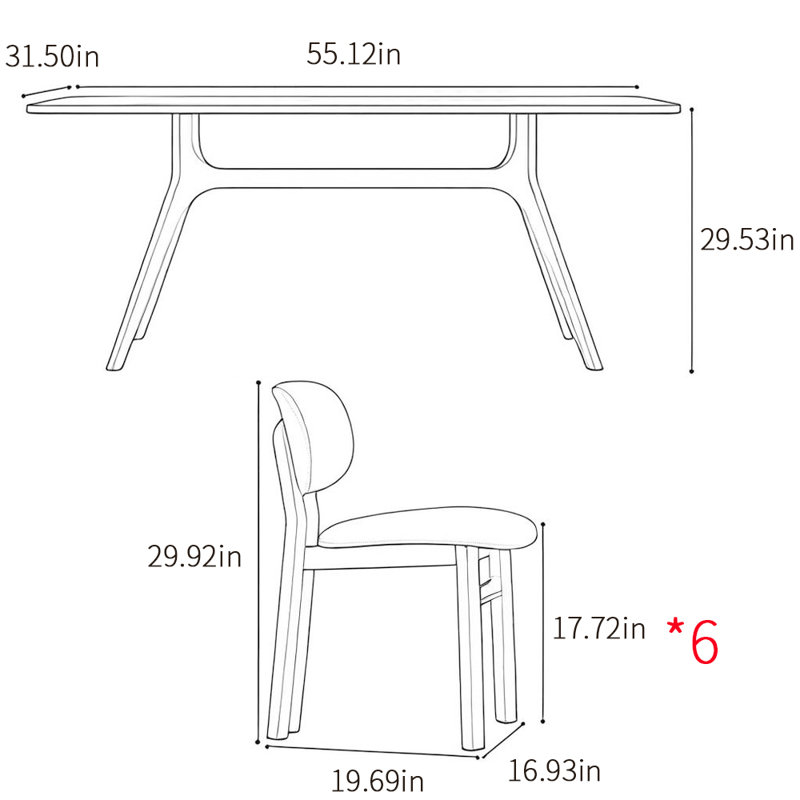 Modern simple rectangular family dining table sets, 29.53"H x 55.12"L x 31.5"W