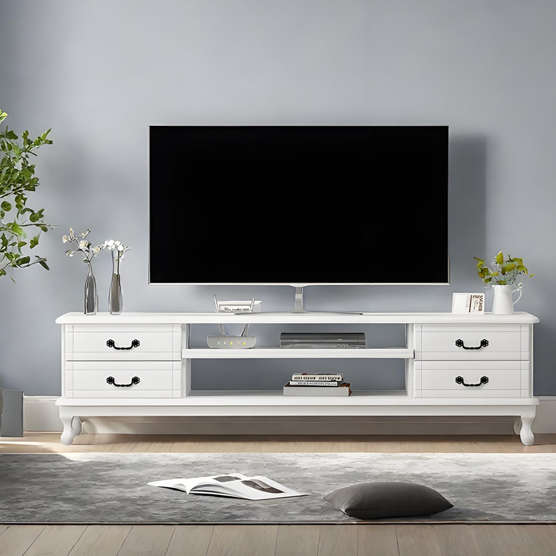 Meuble télé moderne en bois massif, Blanc / Brun, H 19,68 po x L 70,86 po x l 14,17 po