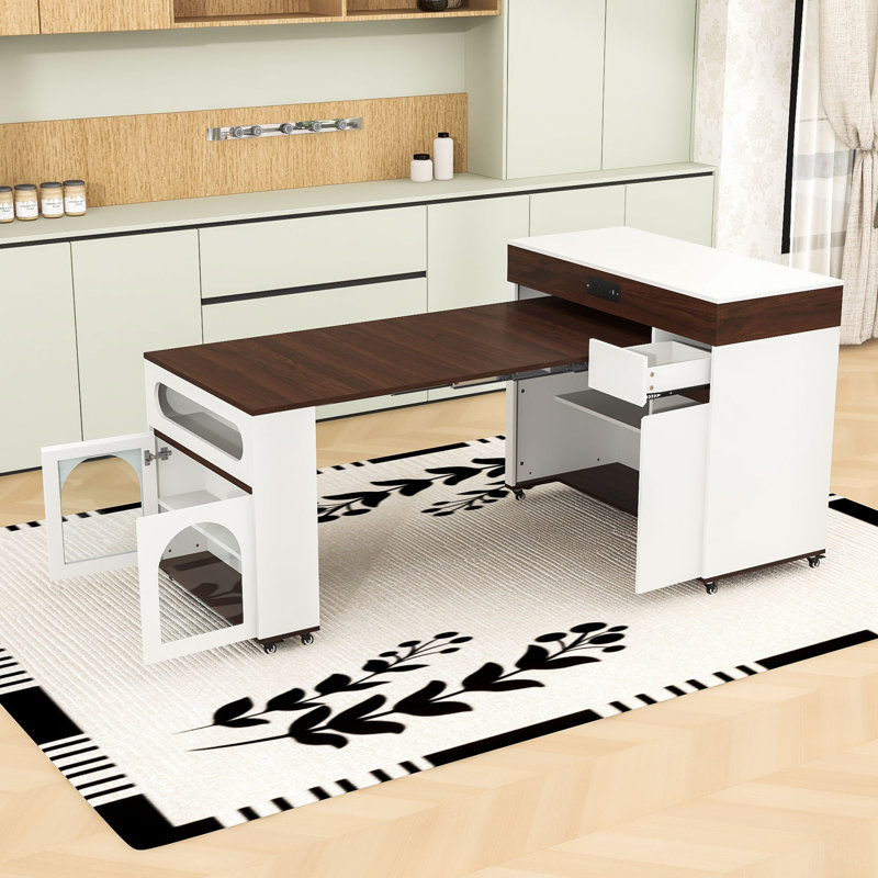 Extendable Kitchen Cart with Folding Top, Dining Table, Built-In Power Outlet and Locking Casters, White/Walnut Wood