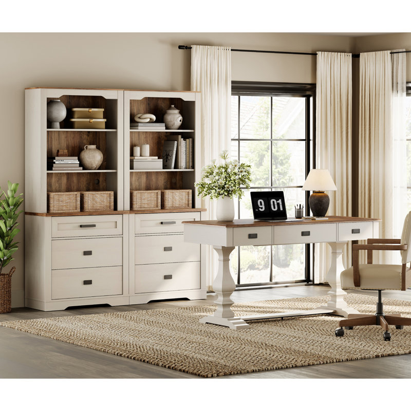 Home Office Set, 59.1" Executive Desk With Power Hub & 73.3" Open Shelf Bookcase With 6 Drawers Set Of 2,Cream White