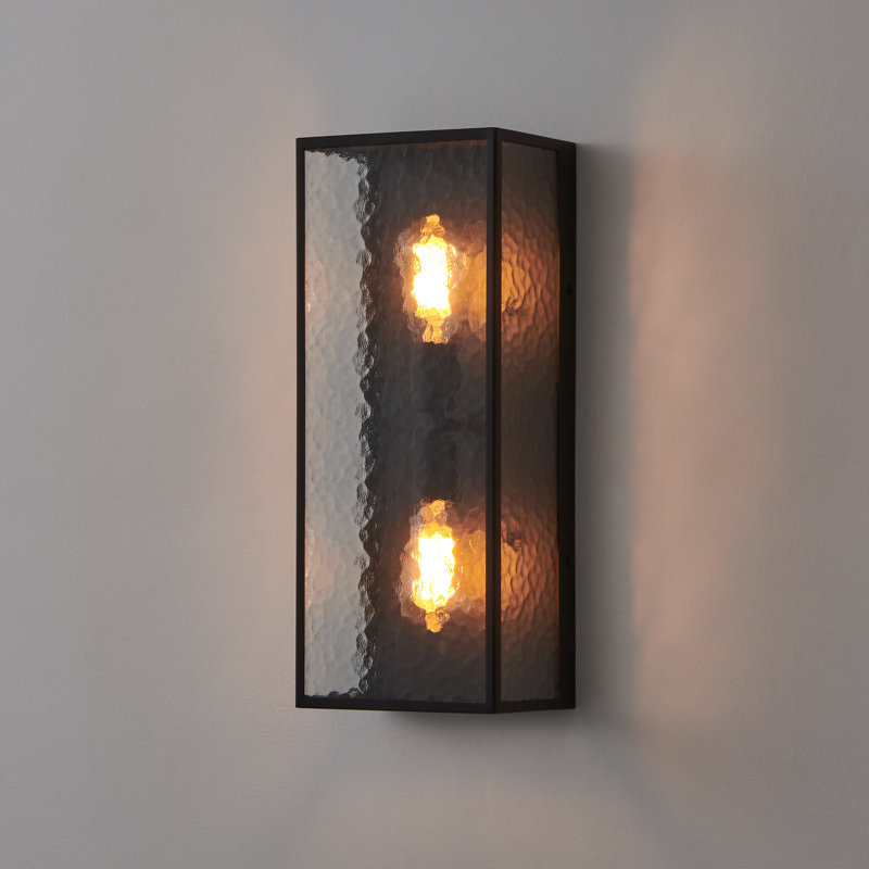2‑light Outdoor Wall Lantern With Hammered Stone‑pattern Glass & Black Metal Frame