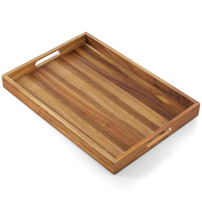 Acacia Wood Tray With Handles - Large Wooden Tray Suitable For Footstools, Bedside Breakfasts, Dinners, Coffee Tables - Decorative Rectangular Tray Suitable For Living Rooms, Bedrooms, Entryways, And Kitchens.