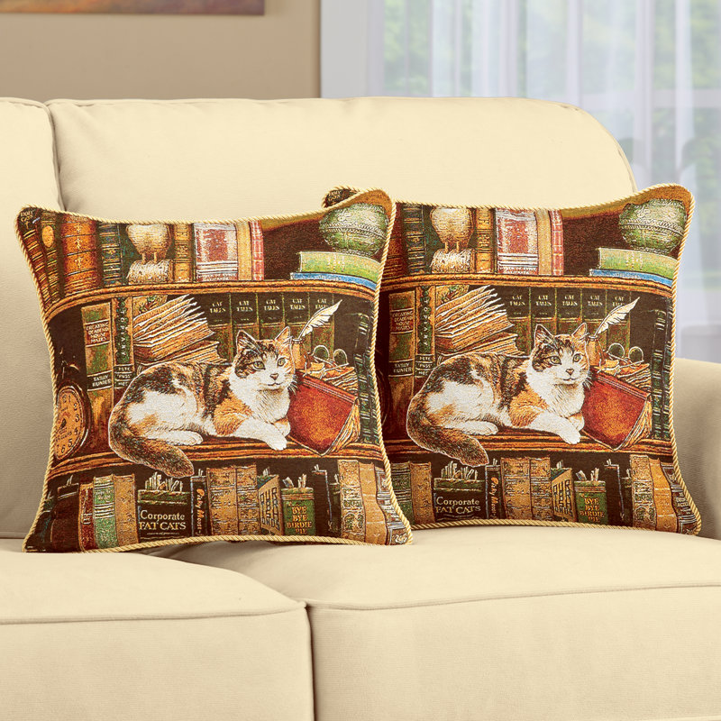 Charming Library Cat Tapestry Style Pillow Covers - Set of 2