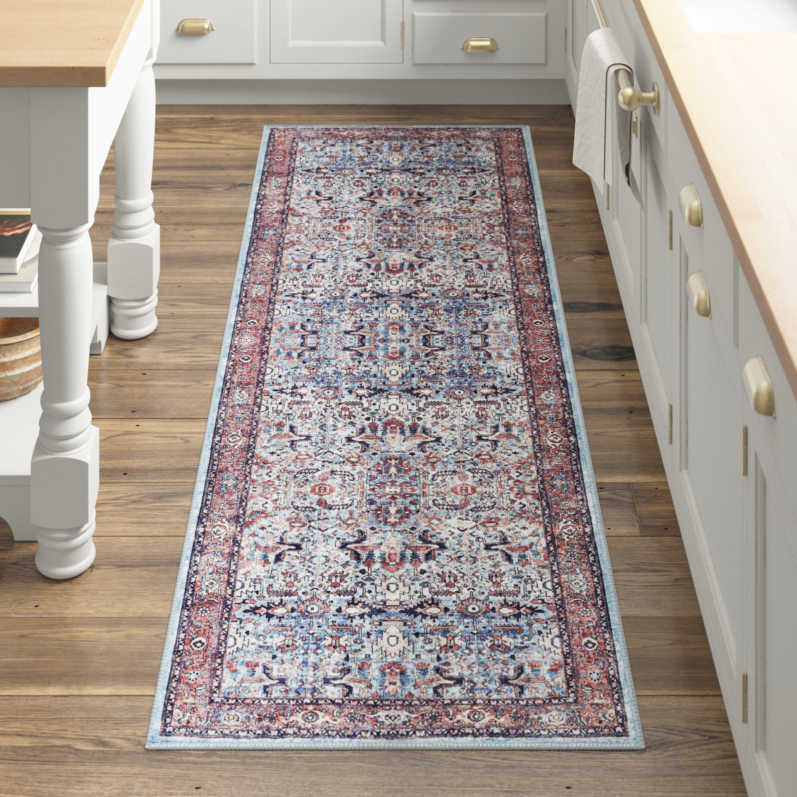 Analyah Denim Machine Washable Oriental Rug, Runner 2'7" x 12'