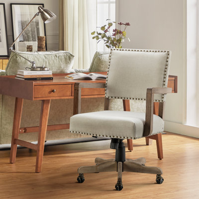 Bromley Farmhouse Linen Task Chair with Solid Wood Arm and Nailhead Trim