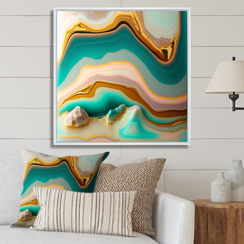 Art liquide, agate bleue turquoise sur toile, H 36 po x l 36 po x P 1,5 po, Cadre flottant blanc