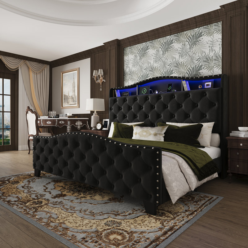 Tufted Velvet Platform Bed Curved Headboard Bed With Light, Queen, Black