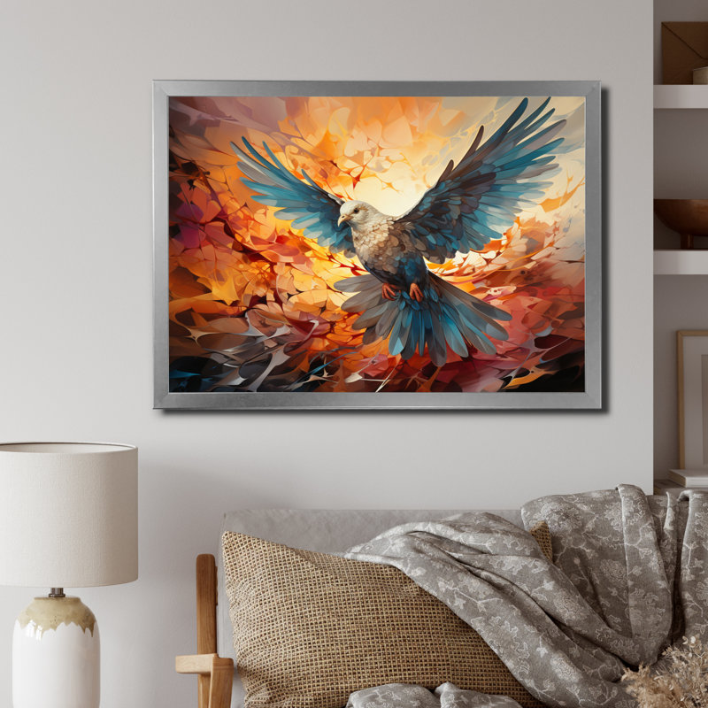 «Teal Dove Winged Messenger Geometric II», reproduction sur toile, H 12 po x l 20 po x P 1 po, Cadre simple argenté