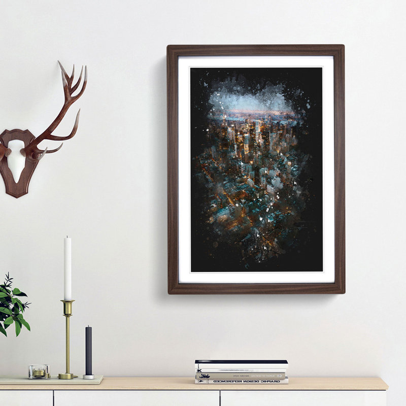 Above New York City - Single Picture Frame Painting on MDF, Walnut Framed, 33cm H x 24cm W x 2cm D