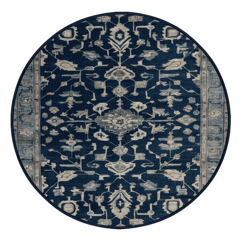 Machine Washable Overdyed Blue Area Rug, Round 8'