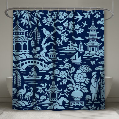 Rideaux de douche bleu à motif de paysage asiatique très longs