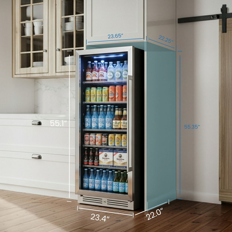 Réfrigérateur à boissons encastré 275L avec porte battante gauche, cadre en acier inoxydable et verre à double couche