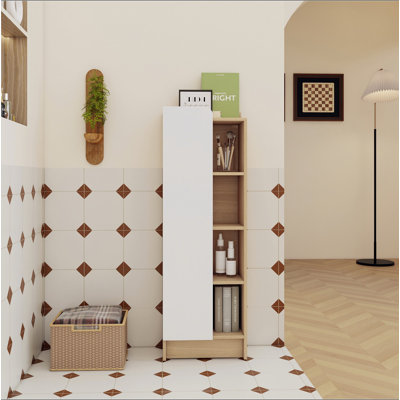 Armoire latérale autoportante de 16 po de hauteur en chêne clair, armoire de rangement étroite avec porte simple et tablettes ouvertes à 4 niveaux, KD (prêt à assembler), panneaux de porte bicolores, contreplaqué