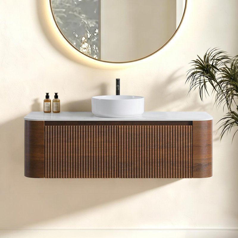 Meuble-lavabo de salle de bain moderne et incurvé, Walnut, 48, Black