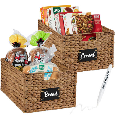  Set Of 2 16In Woven Water Hyacinth Pantry Baskets W/ Chalkboard Label, Chalk Marker - Chestnut