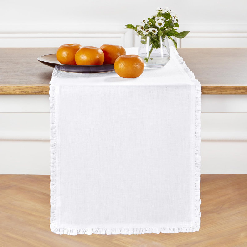 Juliette Ruffle - 100% Pure Linen Table Runner, 108" x 14", White