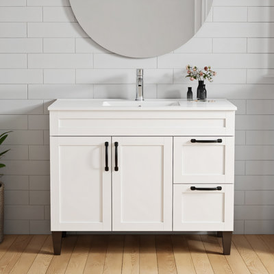 Meuble-lavabo de 39,8 po avec lavabo en céramique, meuble-lavabo Mordern avec 2 portes et 2 tiroirs, poignée en métal noir et pieds solides, charnière à fermeture en douceur, armoire de salle de bain, blanc