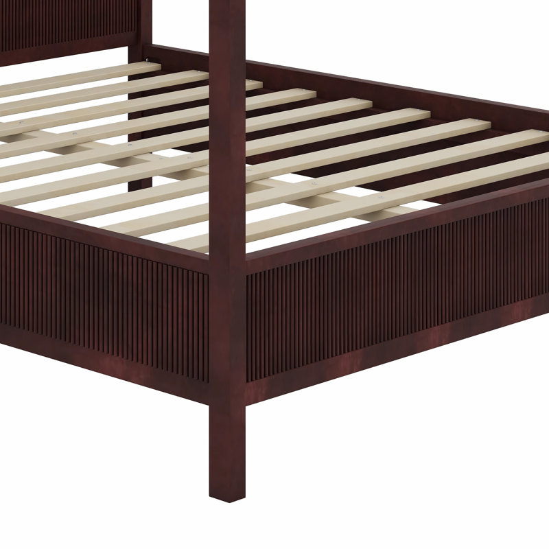 Élégant lit plateforme à baldaquin en bois avec lattes de soutien, Queen, Espresso
