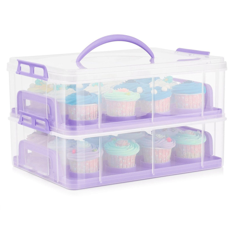 Cupcake Carrier, Cupcake Holder For 24 Cupcakes, Portable And Reusable Rectangular Cake Carrier With Lid And Handle, 2 Tier Stackable Layer Insert (Purple)