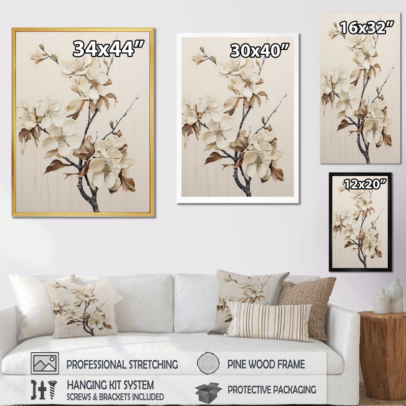 Fleur de pommier beige minimaliste - Fleurs de pommier_106420, H 40 po x l 30 po x P 1,5 po, Cadre naturel flottant