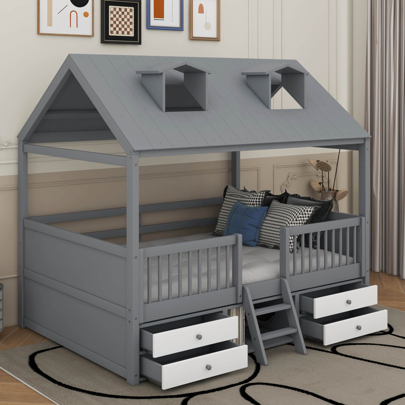 Lit double en bois, Gris, Lit double