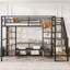 Lit mezzanine double en métal avec escalier, table de rangement basse et tablettes de rangement