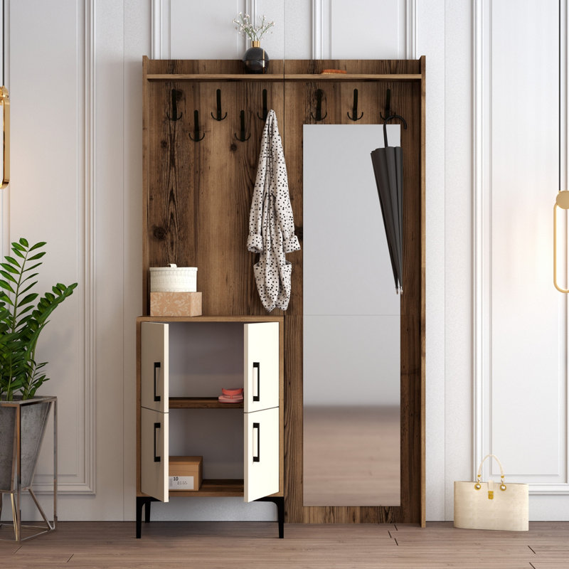 Stockton Hall Tree 120.3cm Wide with Shoe Storage, Walnut/Cream
