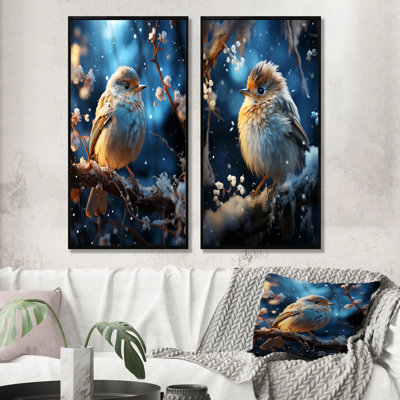 Blue Bird In Winter Serenity I - Bird Canvas Art Print Set Of 2